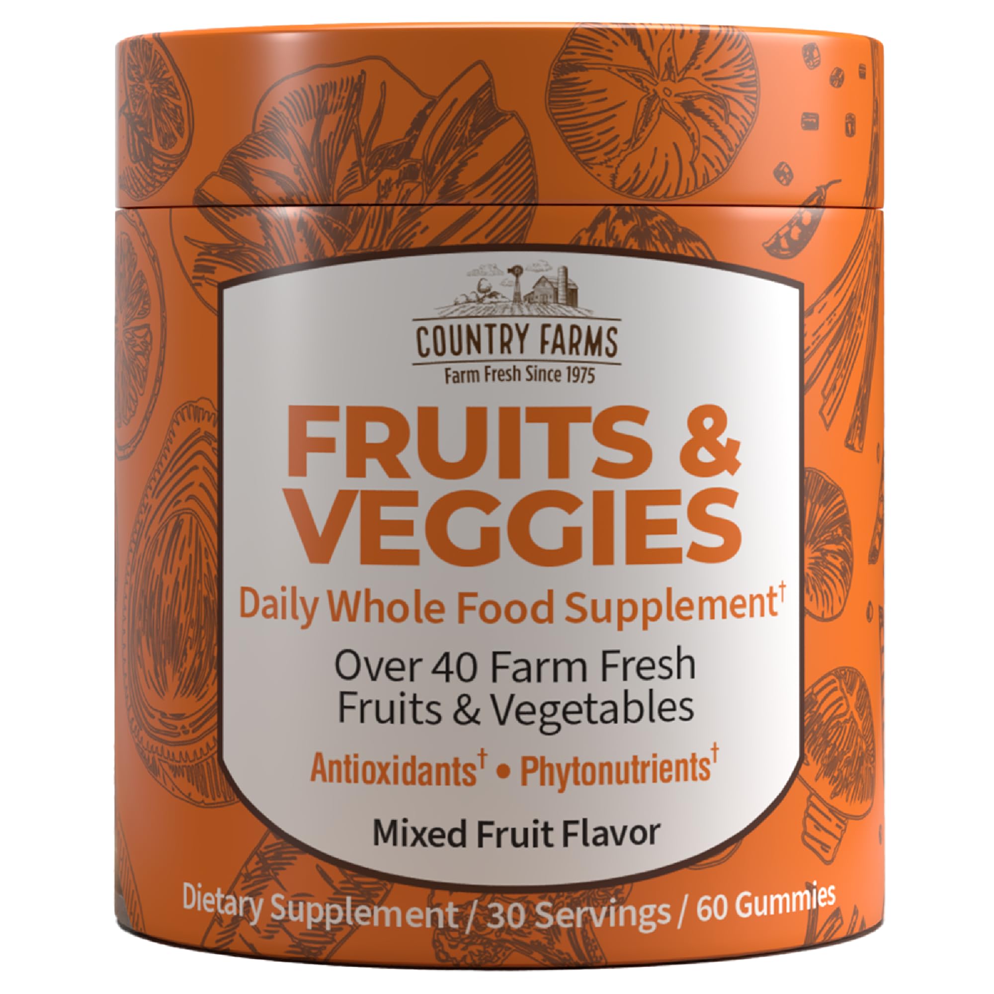 Country Farms envase frontal destacando más de 40 frutas y verduras beneficios