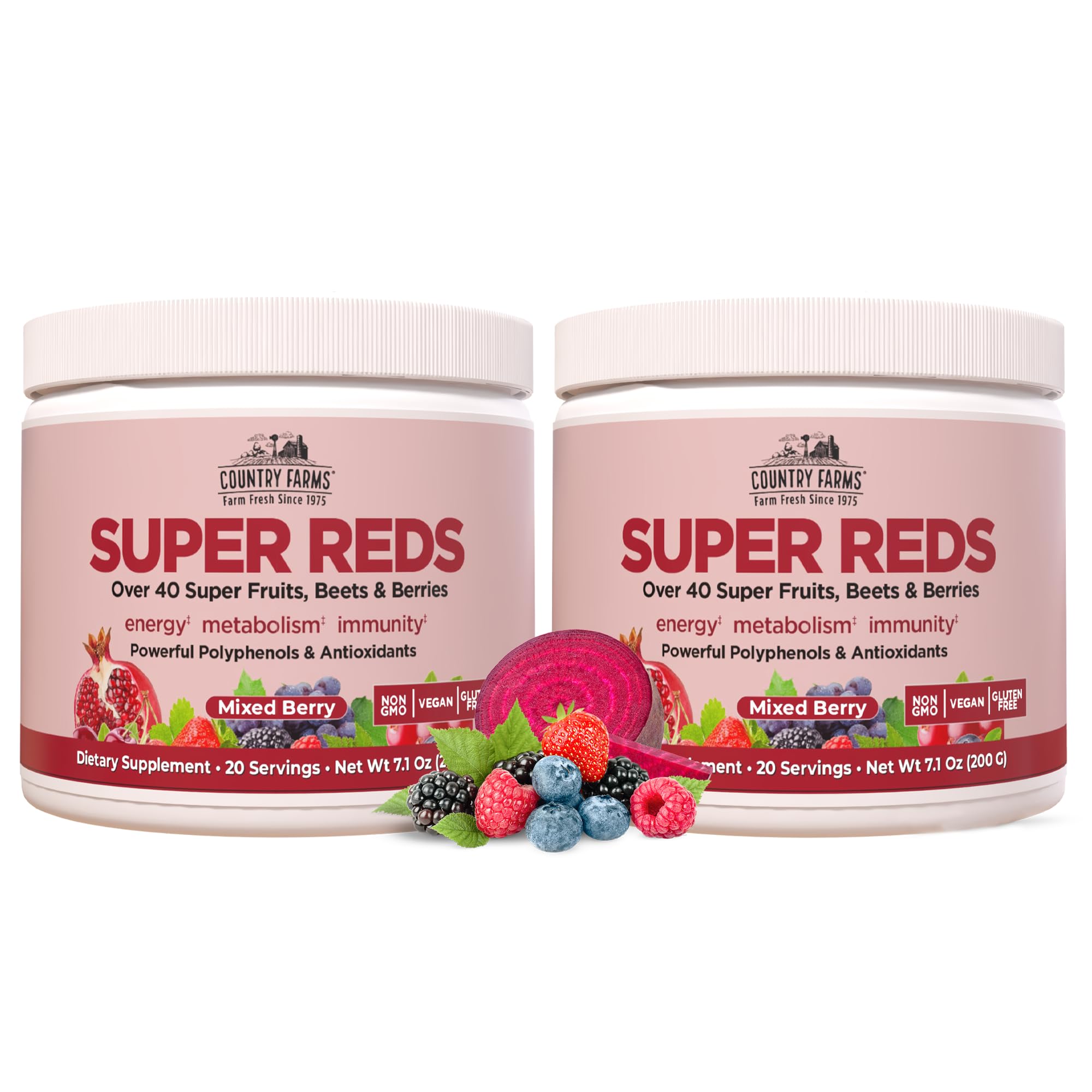 Country Farms frente del empaque mostrando el envase y sabor Mixed Berry beneficios visuales
