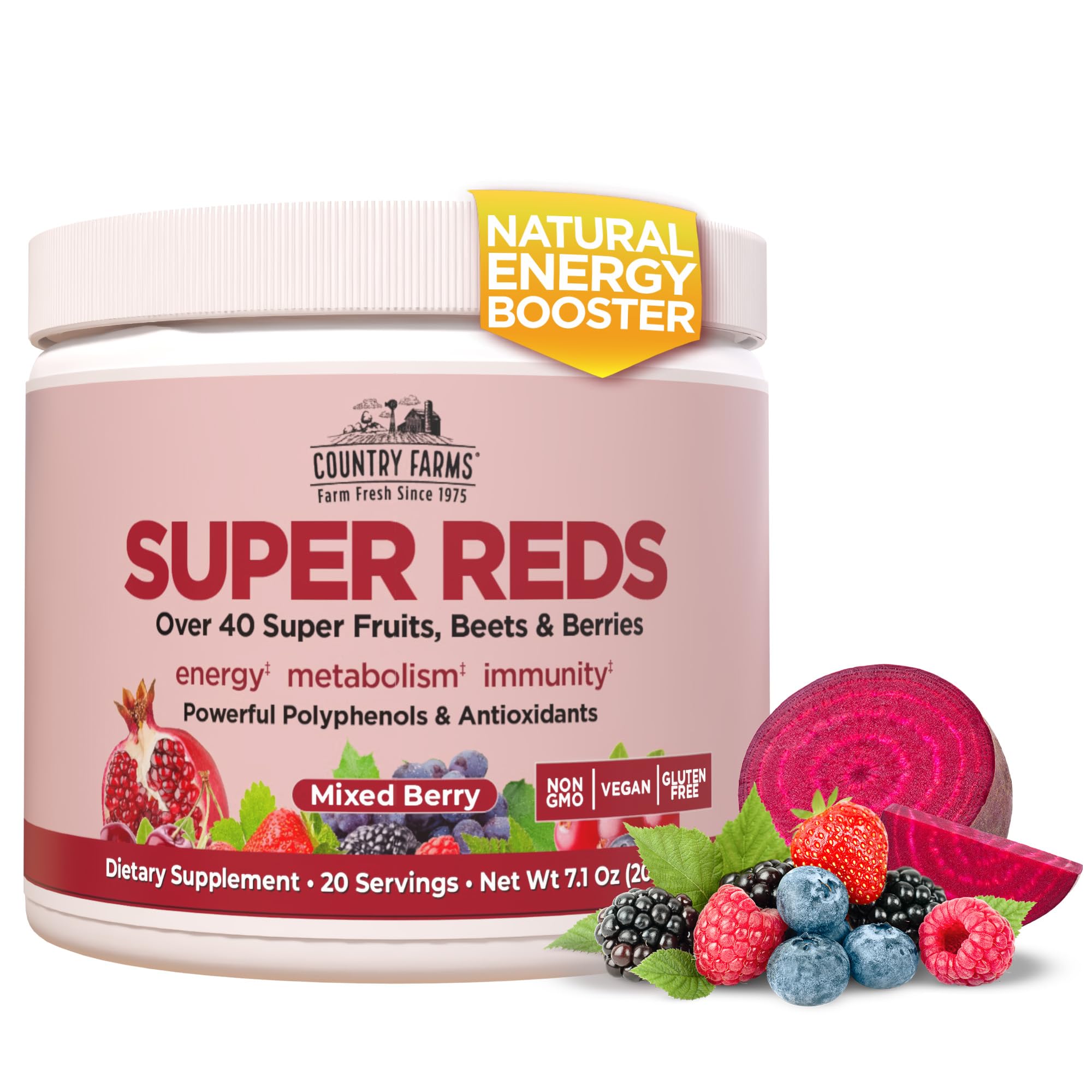 Country Farms frente del envase mostrando marca y sabor mixed berry beneficios prácticos