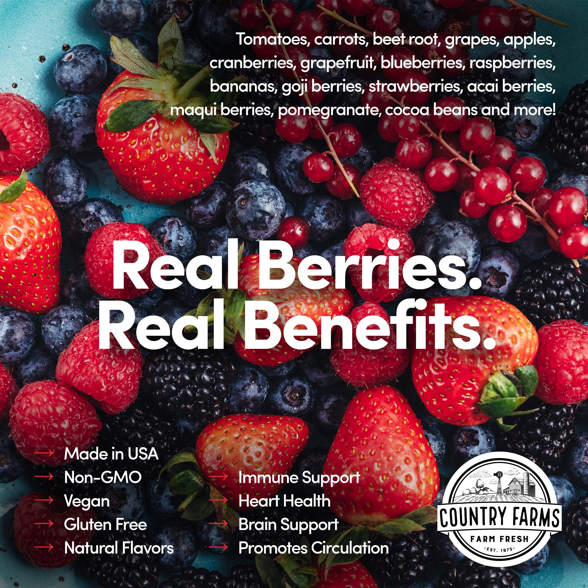Country Farms ingredientes secos dispuestos (bayas y polvos), variedad nutritiva visible