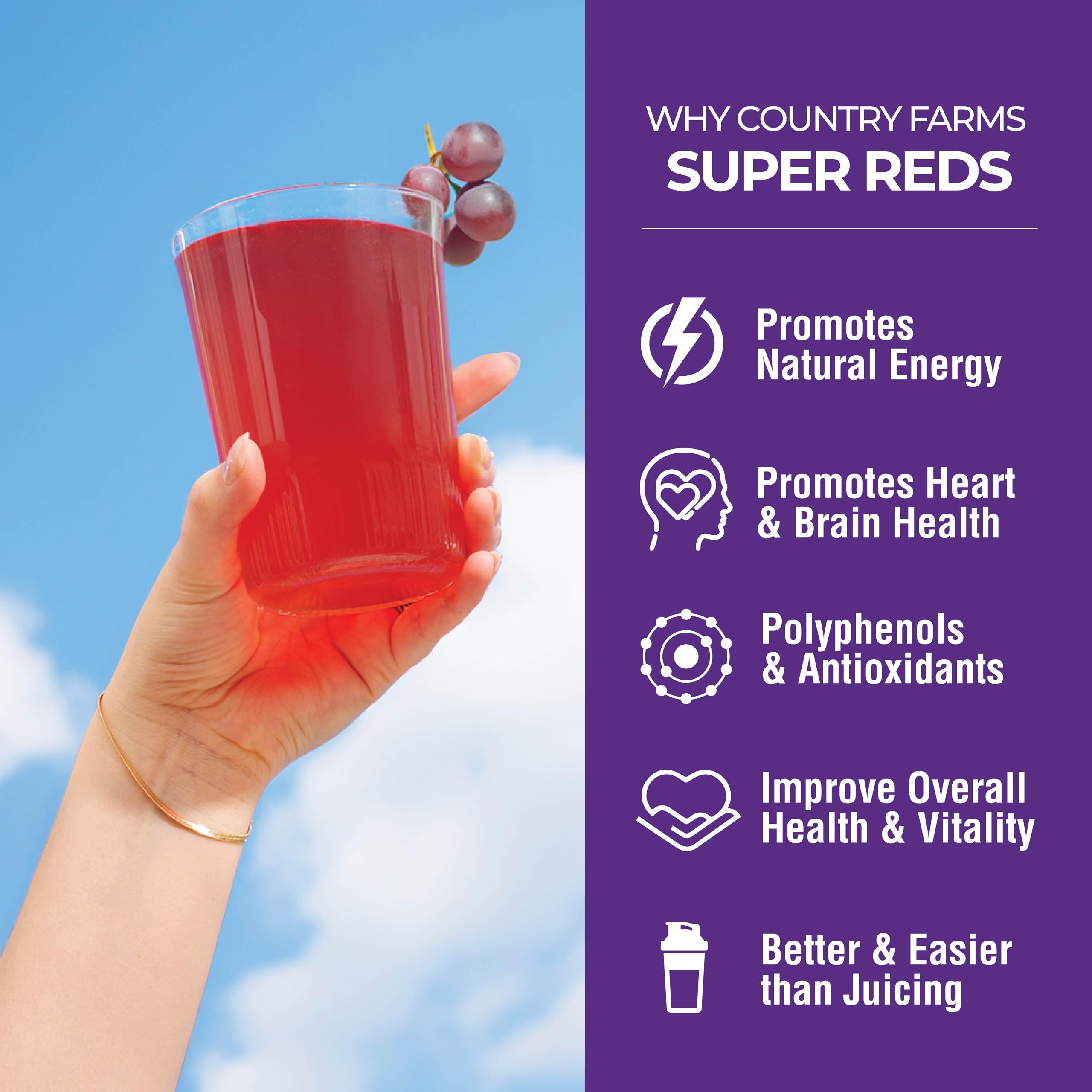 Country Farms bebida mezclada en vaso, beneficio recuperación y energía natural