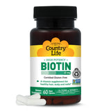 Country Life envase frontal mostrando biotina 10,000 mcg y beneficios