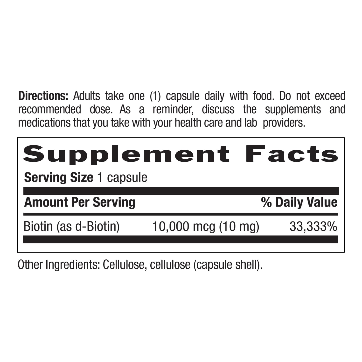 Country Life etiqueta nutricional con información clara de biotina 10 mg por cápsula