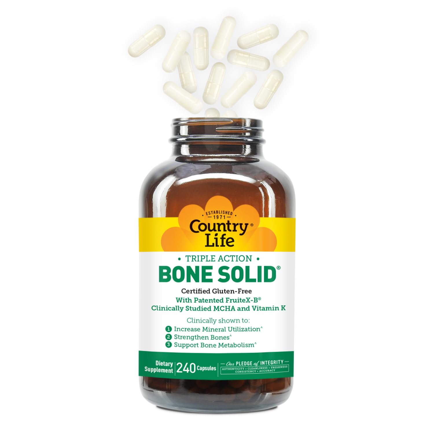 Country Life Bone Solid ingredientes dispuestos que ilustran la fórmula completa