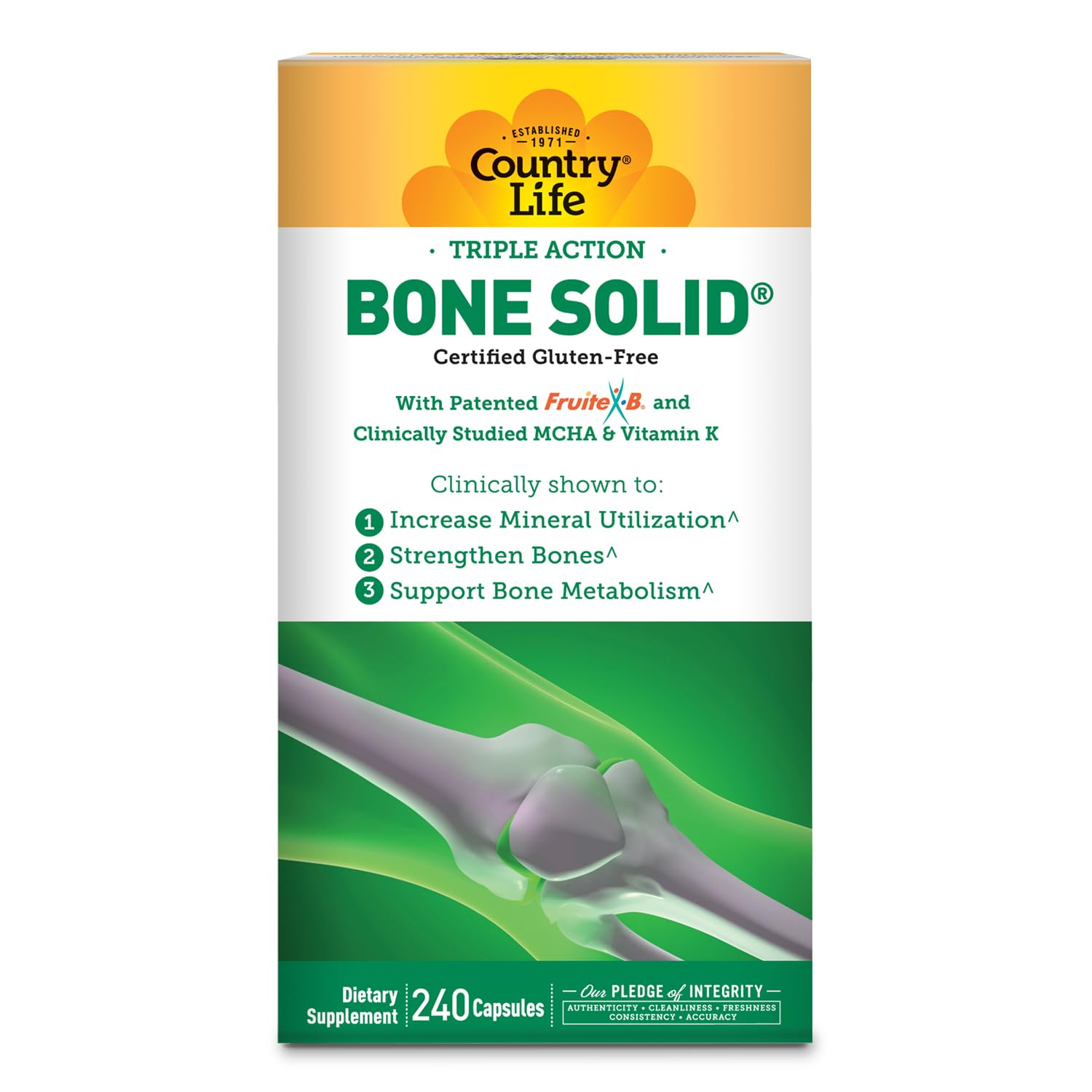 Country Life Bone Solid frasco frontal mostrando el empaque y beneficios principales