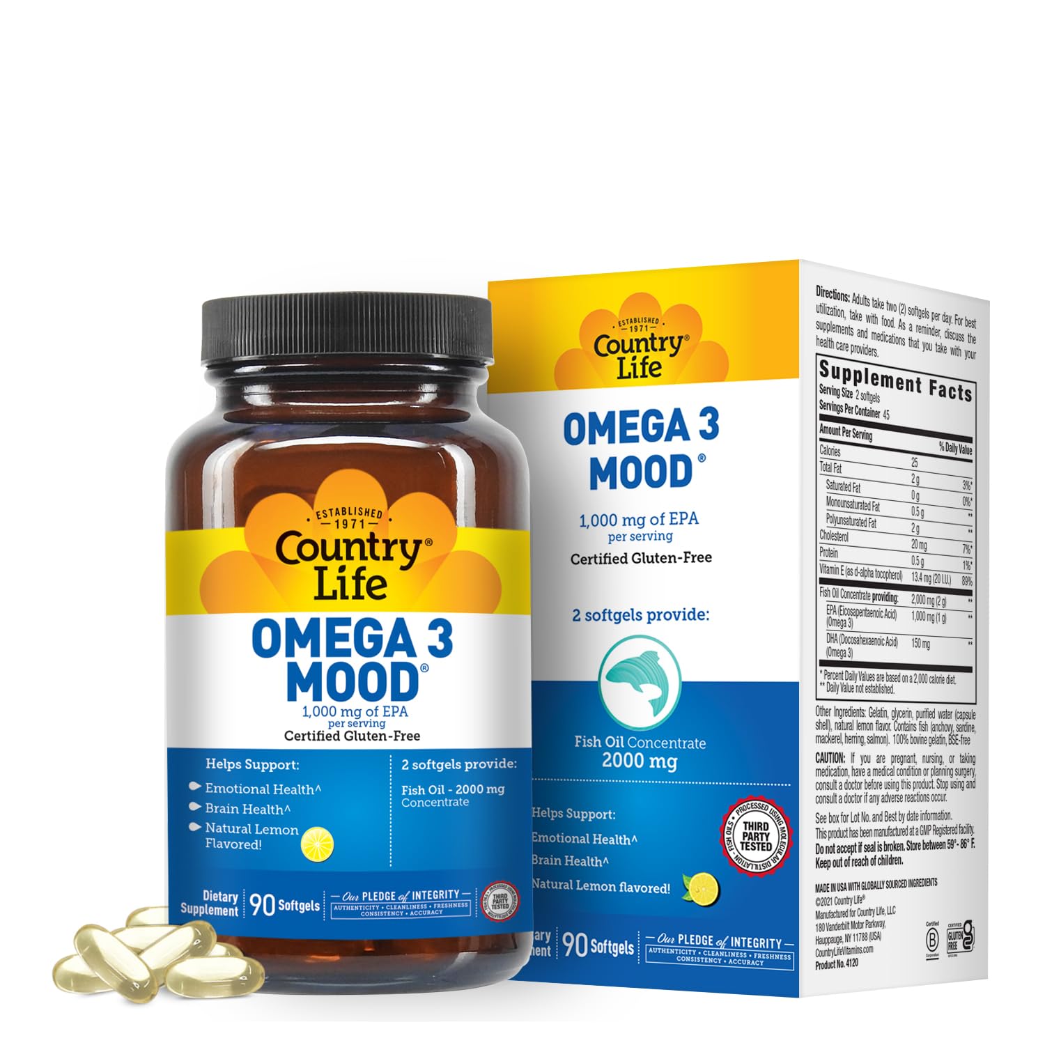 Country Life softgels en mano mostrando tamaño y dosificación práctica