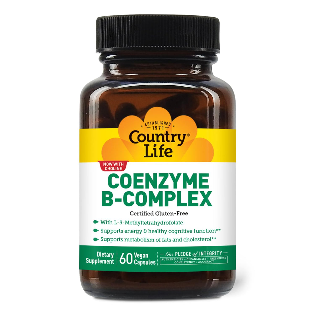 Country Life frasco frontal del Coenzyme B-Complex mostrando diseño y cantidad