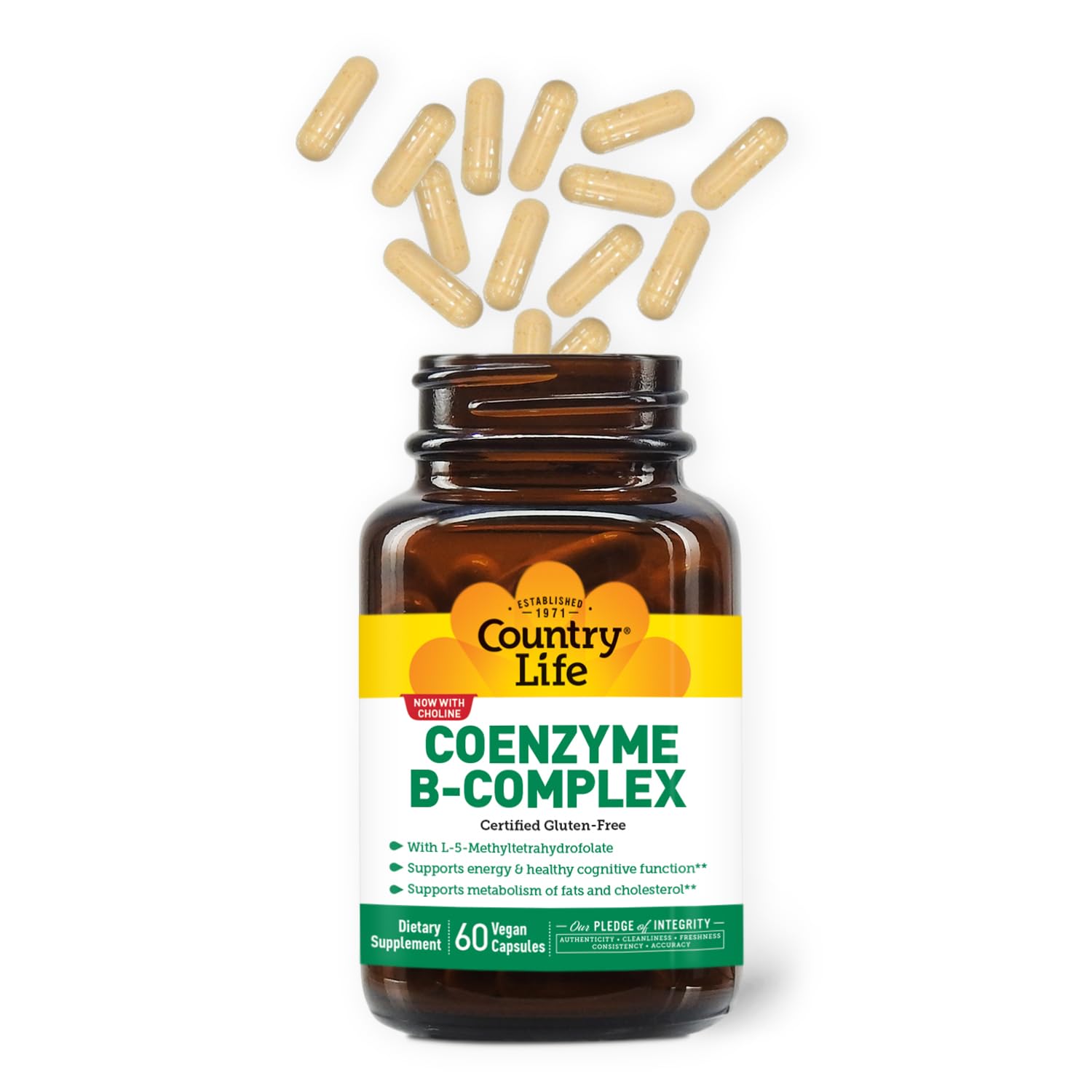 Country Life etiqueta con lista de vitaminas B activas y colina