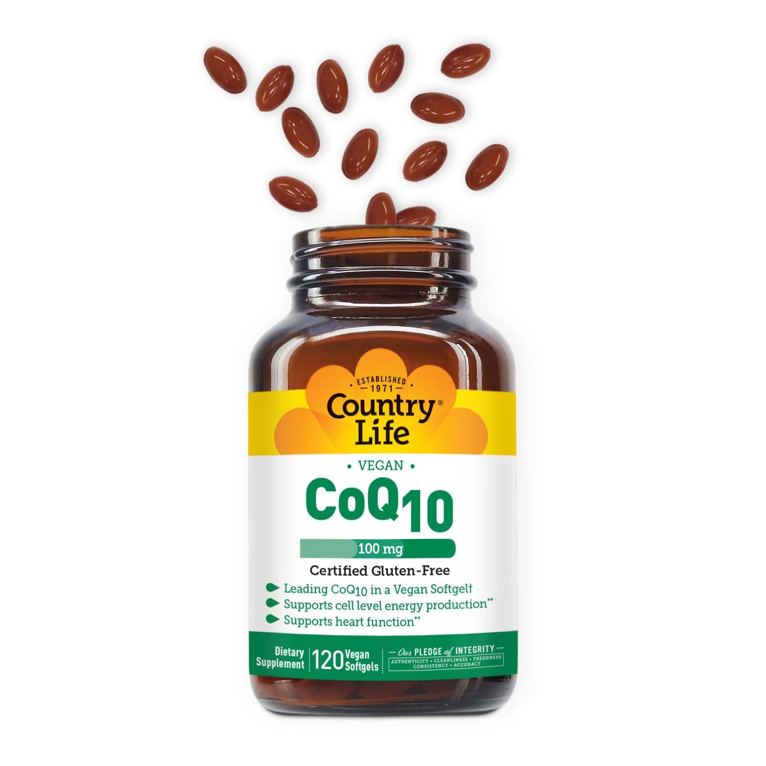 Country Life frasco abierto mostrando softgels y duración del suministro