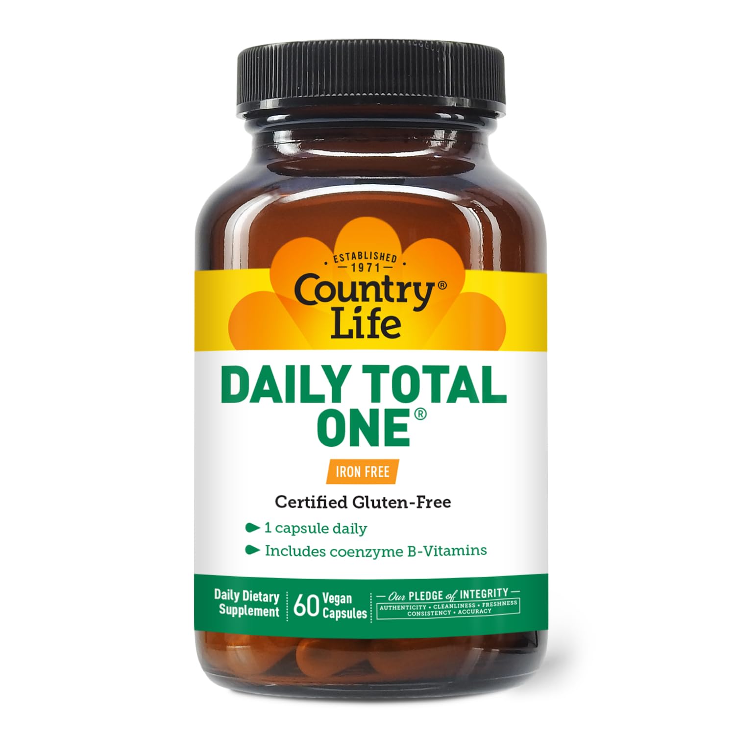 Country Life etiqueta nutricional legible indicando vitaminas y ausencia de hierro