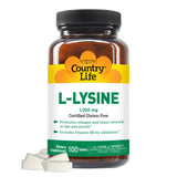 Country Life frasco frontal de L-Lysine 1000 mg mostrando etiqueta clara y beneficios