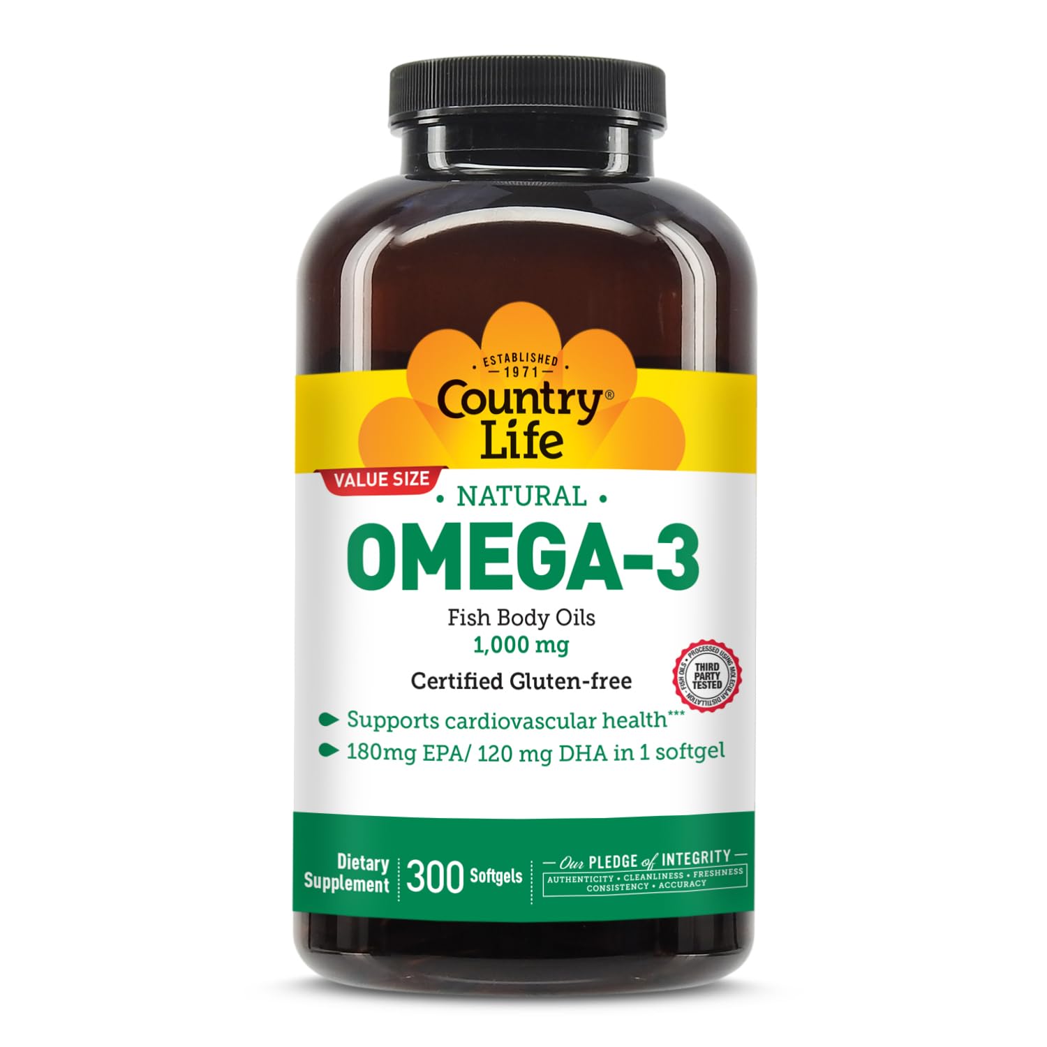 Country Life frasco frontal mostrando 300 softgels y beneficios claros
