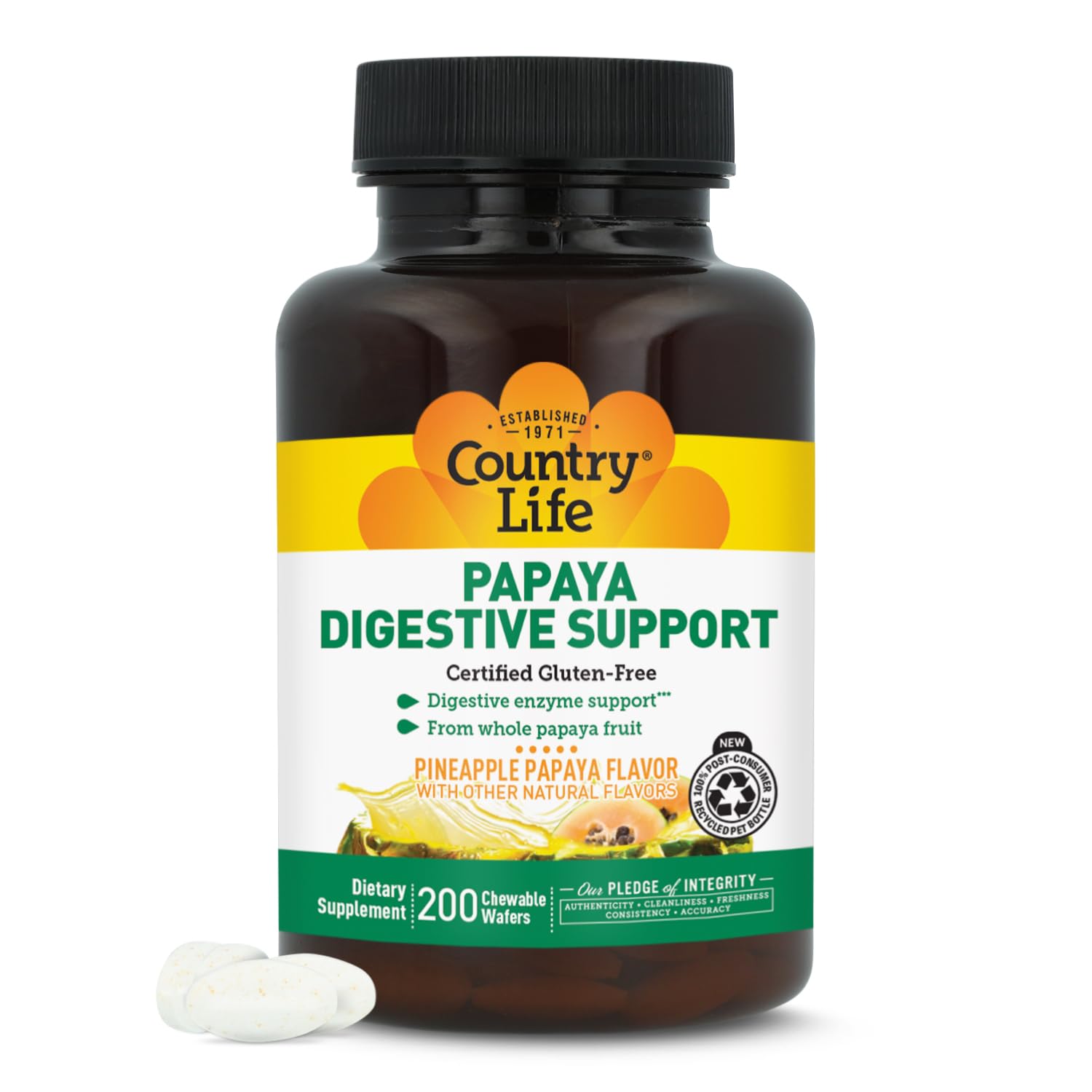 Country Life frente del empaque de Papaya Digestive Support mostrando 200 wafers y beneficio práctico