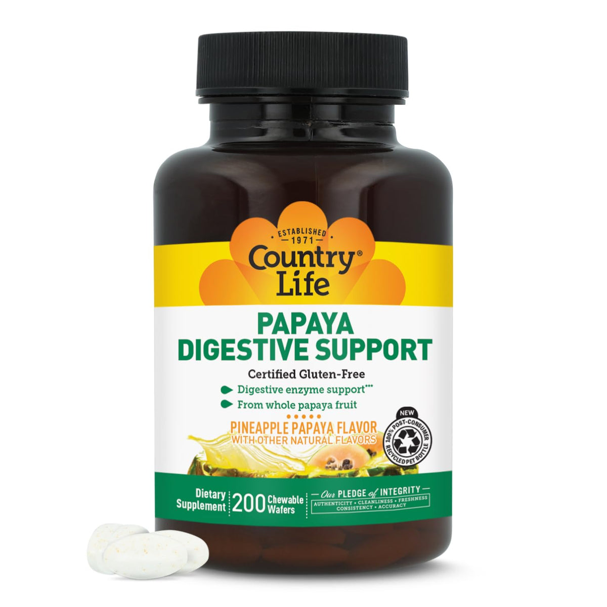 Country Life frente del empaque de Papaya Digestive Support mostrando 200 wafers y beneficio práctico