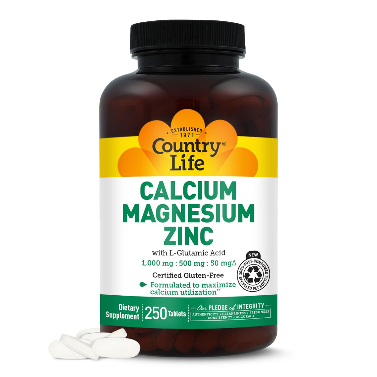 Country Life frasco frontal del suplemento calcio magnesio zinc con beneficio de aporte mineral