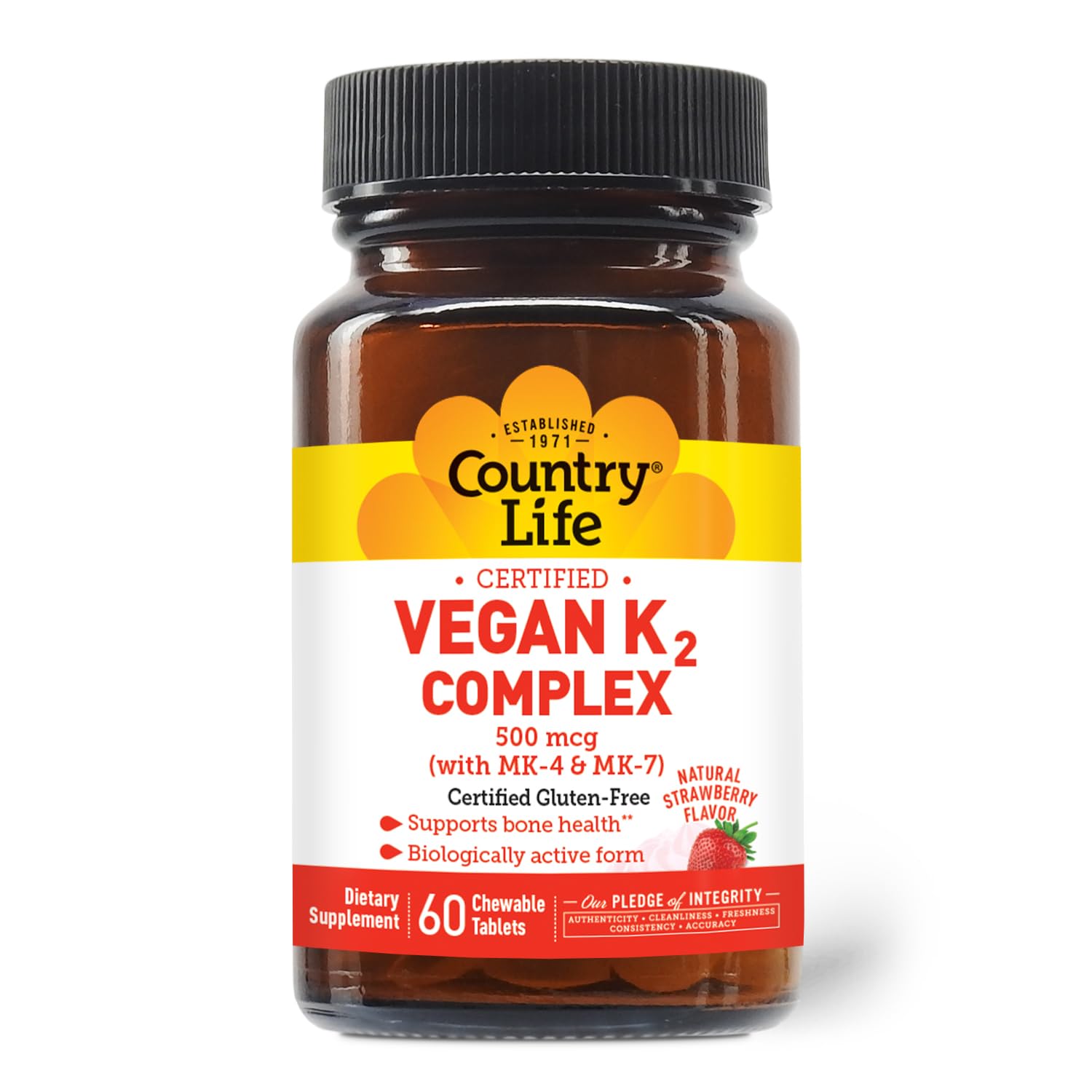 Country Life frente del envase mostrando tabletas masticables y beneficios