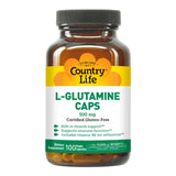 Country Life envase frontal del suplemento L-Glutamine 500 mg, diseño claro y beneficios visibles