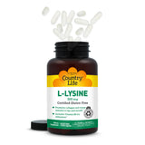 Bote abierto de Country Life L‑Lysine con cápsulas visibles, muestra presentación y cantidad