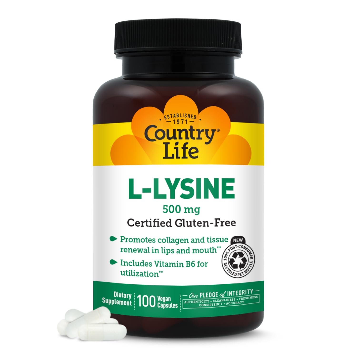 Country Life bote frontal con L‑Lysine 500 mg mostrando diseño y tamaño, útil para elegir suplemento