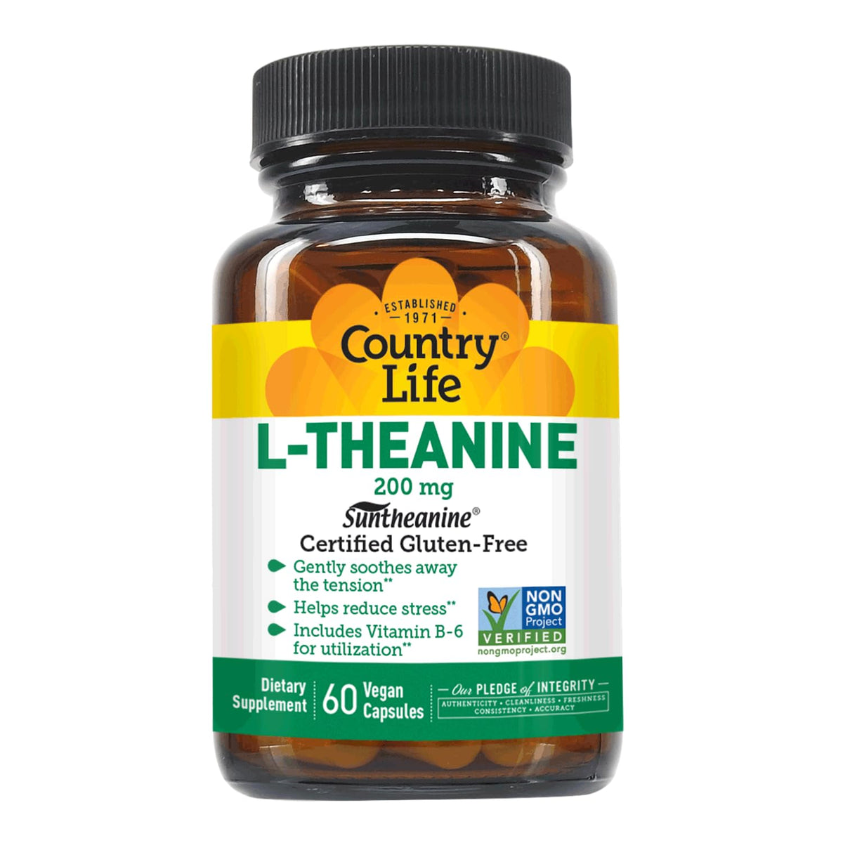 Country Life envase frontal con L-Theanine 200 mg mostrando formato y beneficios