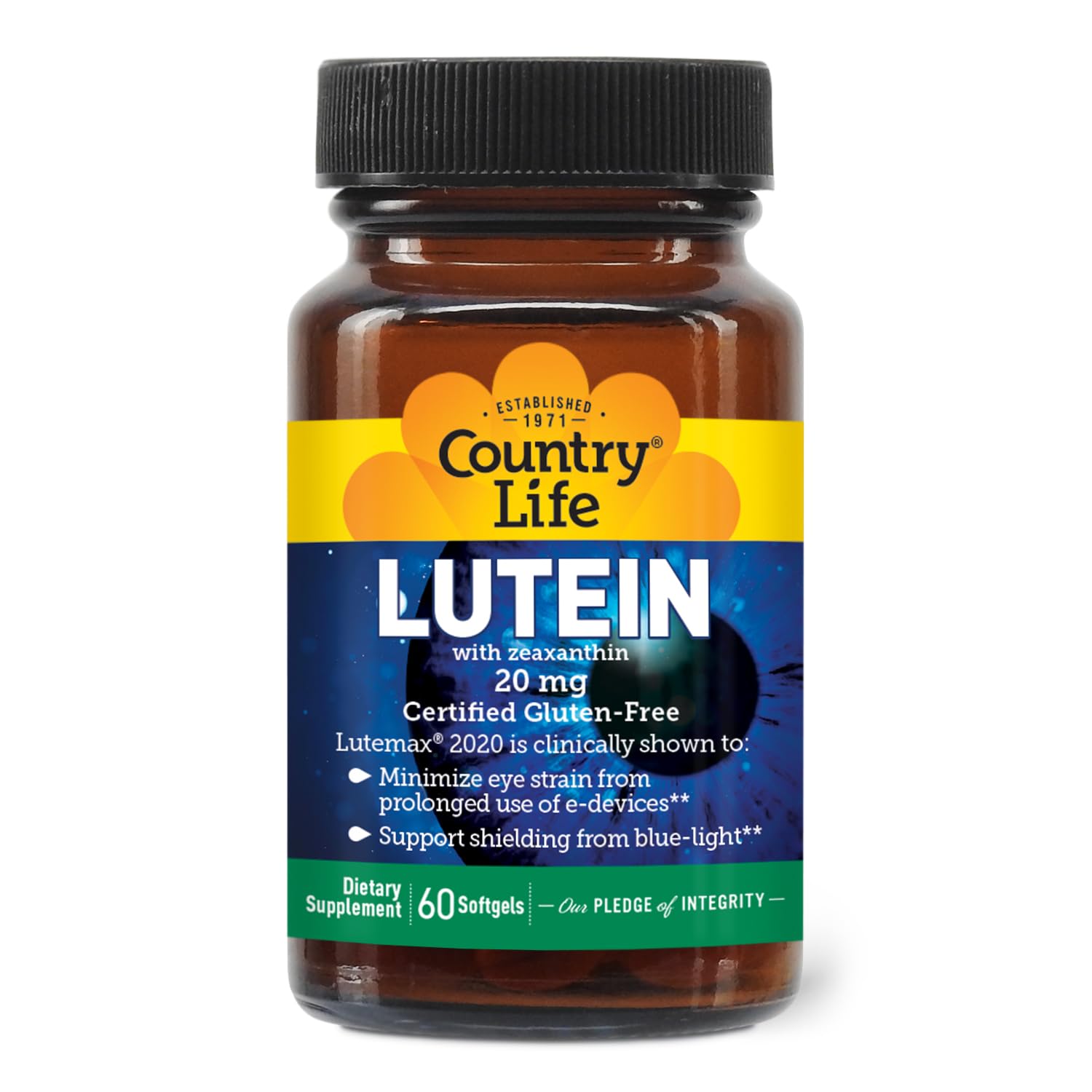 Country Life botella frontal con softgels, marca visible y beneficio visual