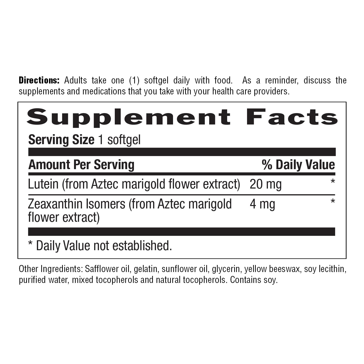 Etiqueta de Country Life Lutein 20 mg mostrando ingredientes y ausencia de gluten