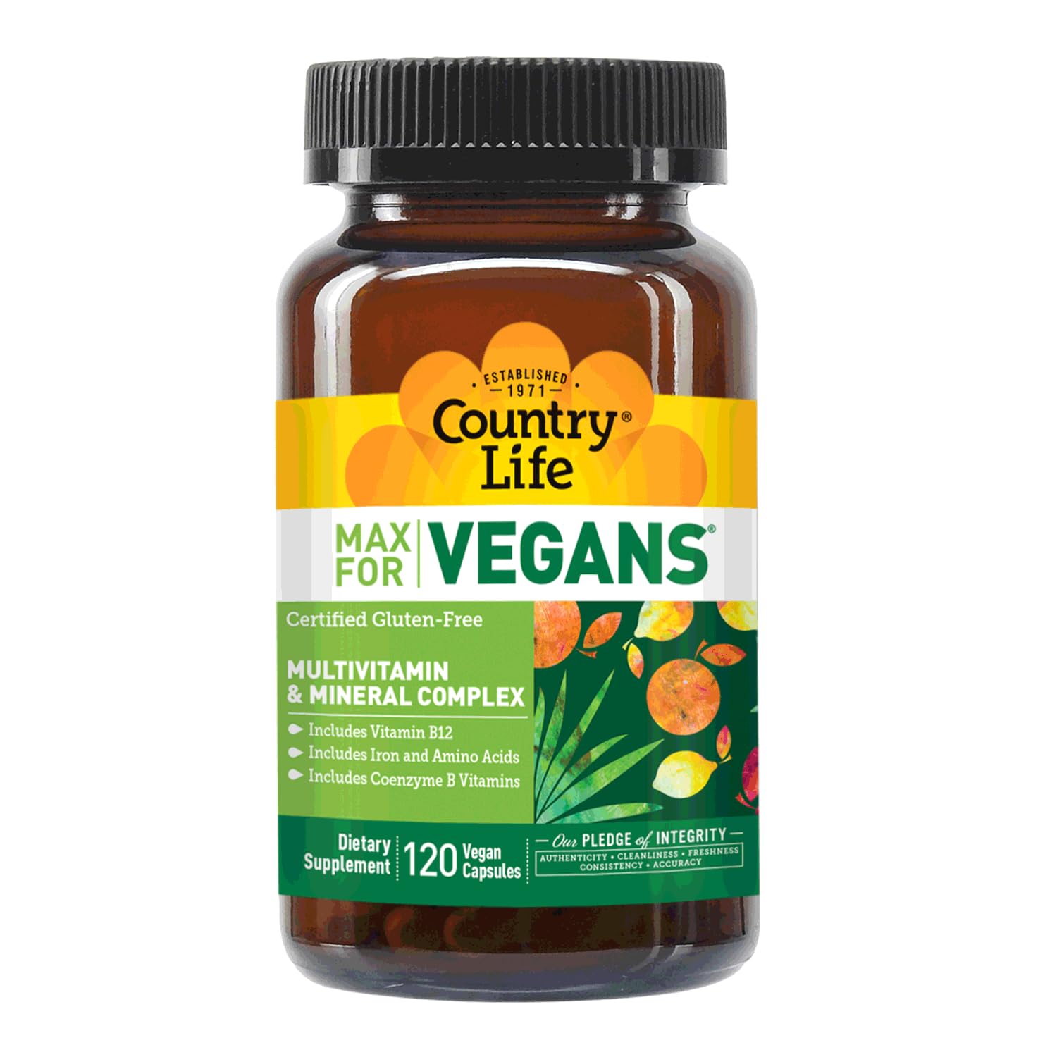 Primer plano de etiqueta Country Life Max for Vegans con lista de ingredientes