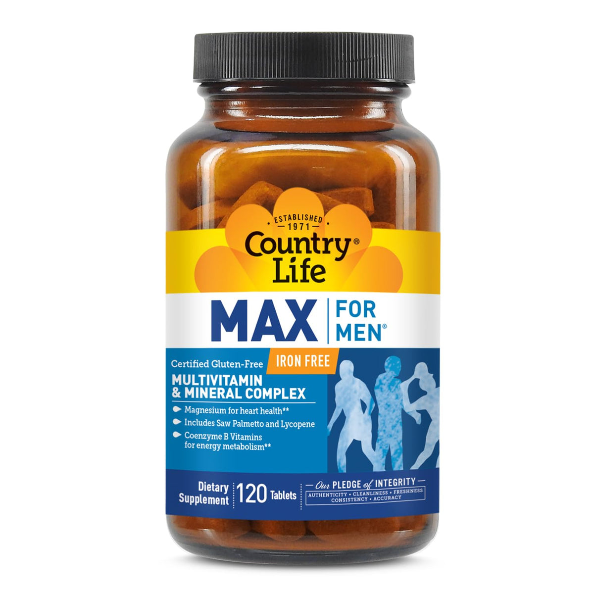Country Life Max for Men vista frontal del envase mostrando beneficios clave