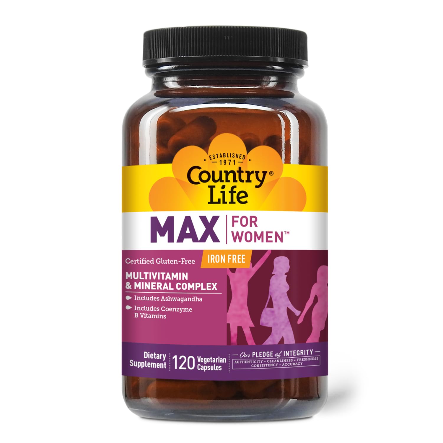 Country Life frasco frontal mostrando la fórmula para mujeres y beneficio completo