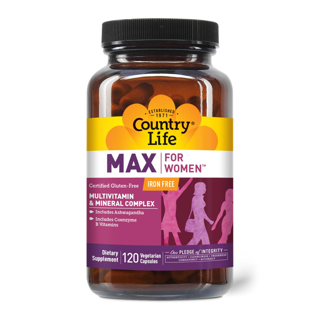 Country Life frasco frontal mostrando la fórmula para mujeres y beneficio completo