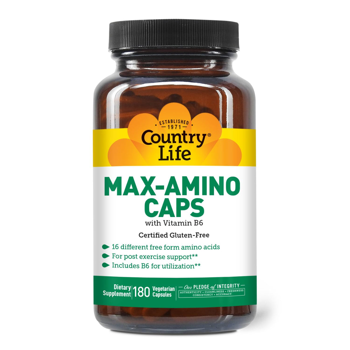 Country Life envase Maxi-Amino Caps frente mostrando 180 cápsulas y beneficio de pureza