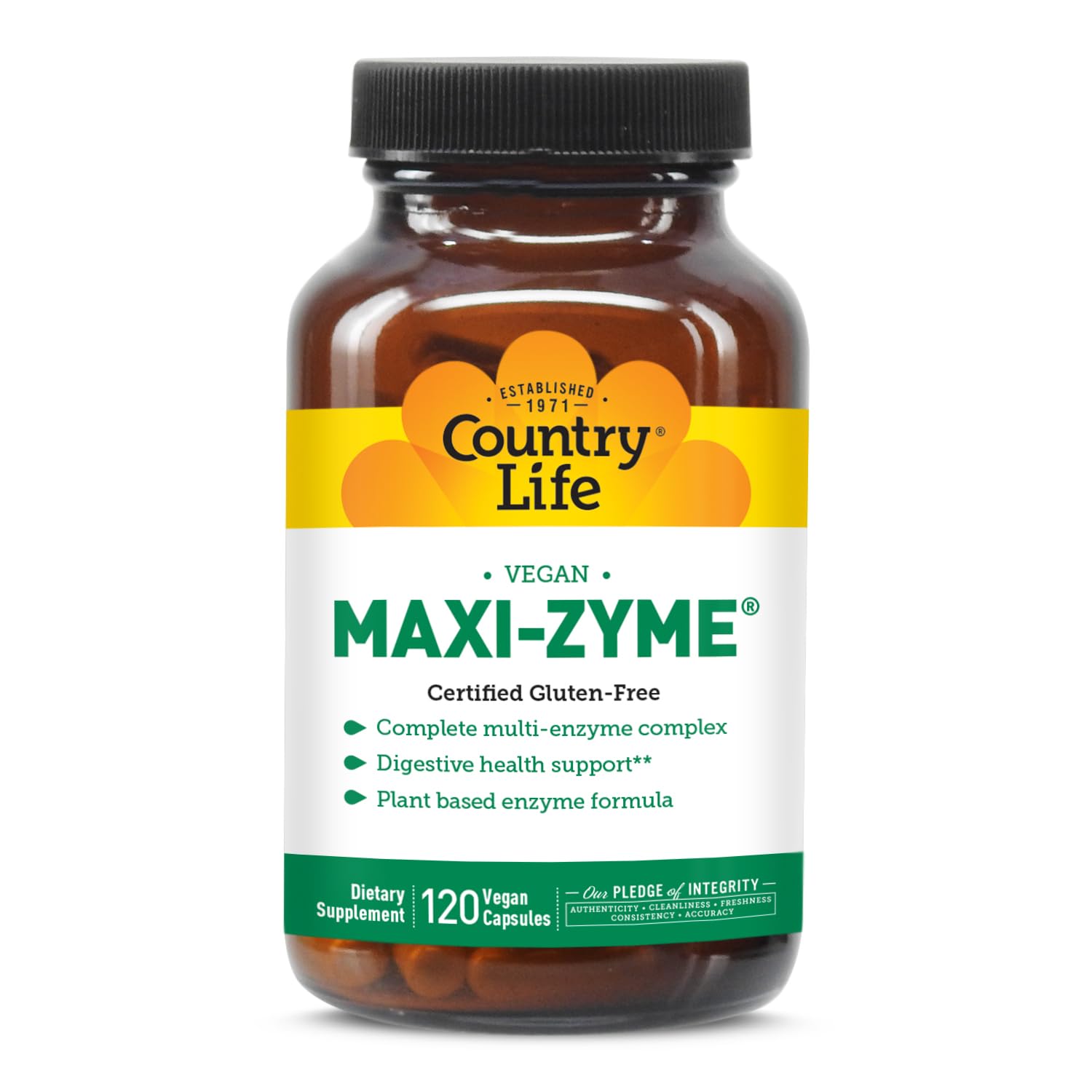 Country Life frasco frontal Maxi-Zyme con etiqueta clara y beneficios visibles