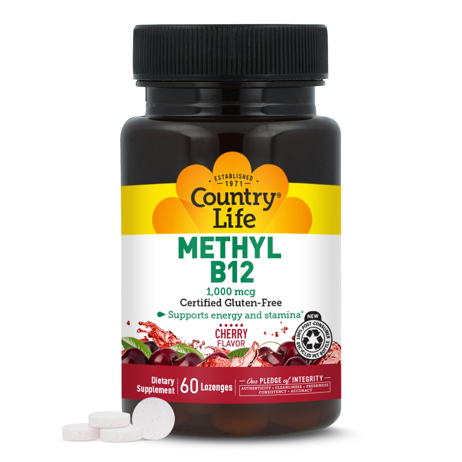 Country Life botella frontal mostrando 60 pastillas y beneficios claros