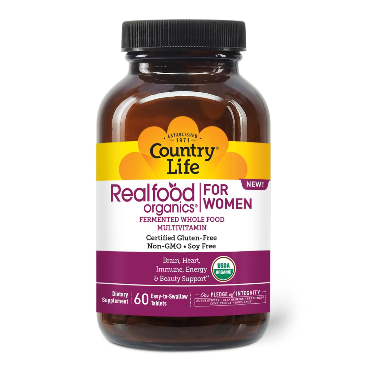 Country Life envase frontal del multivitamínico realfood con etiqueta clara y beneficios