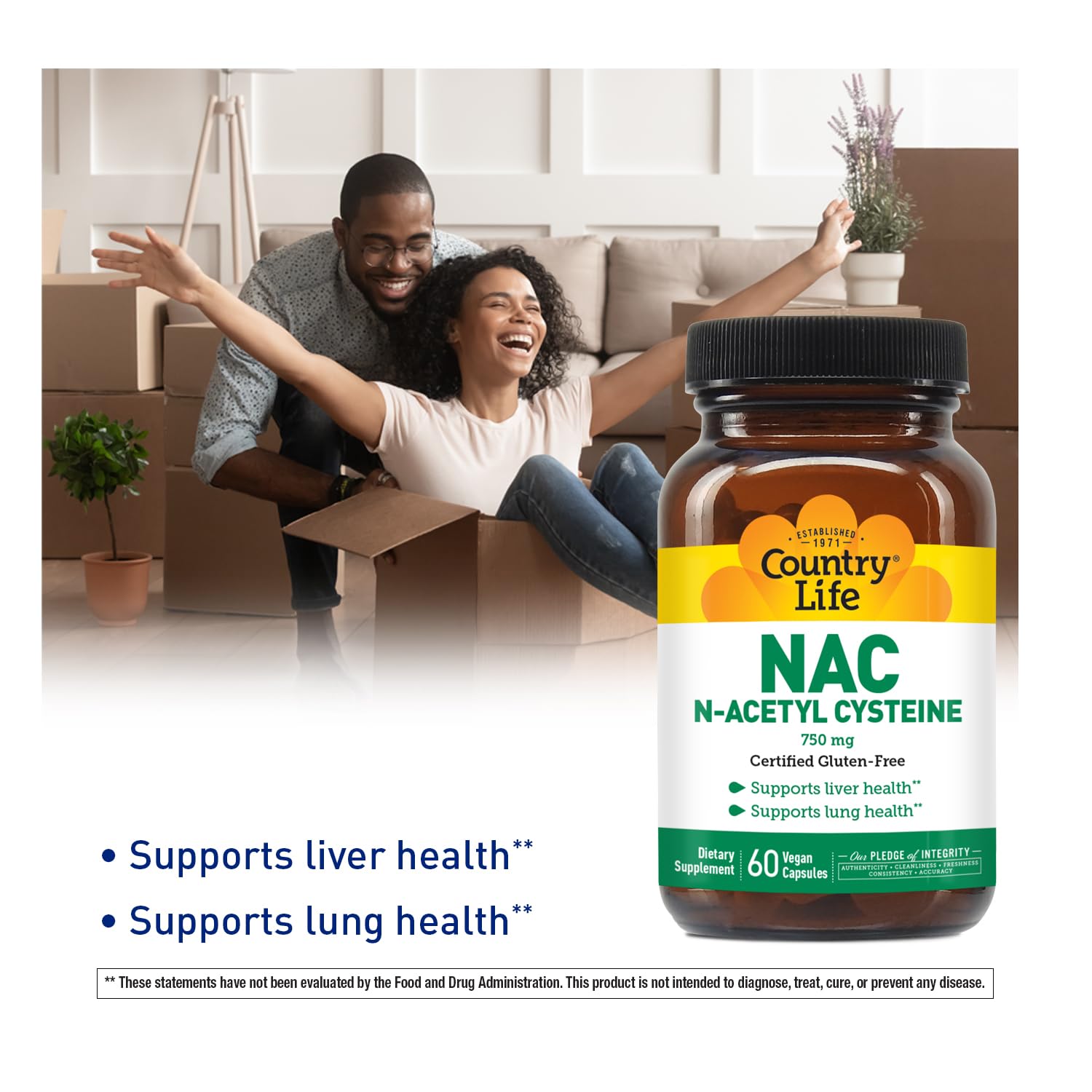 Country Life N-Acetyl Cysteine con ingredientes, ventaja de calidad y pureza