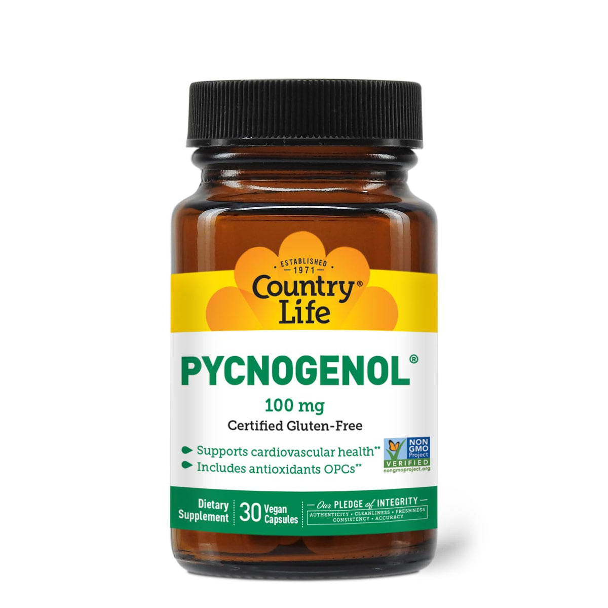 Country Life frasco de Pycnogenol mostrando envase y beneficios claros