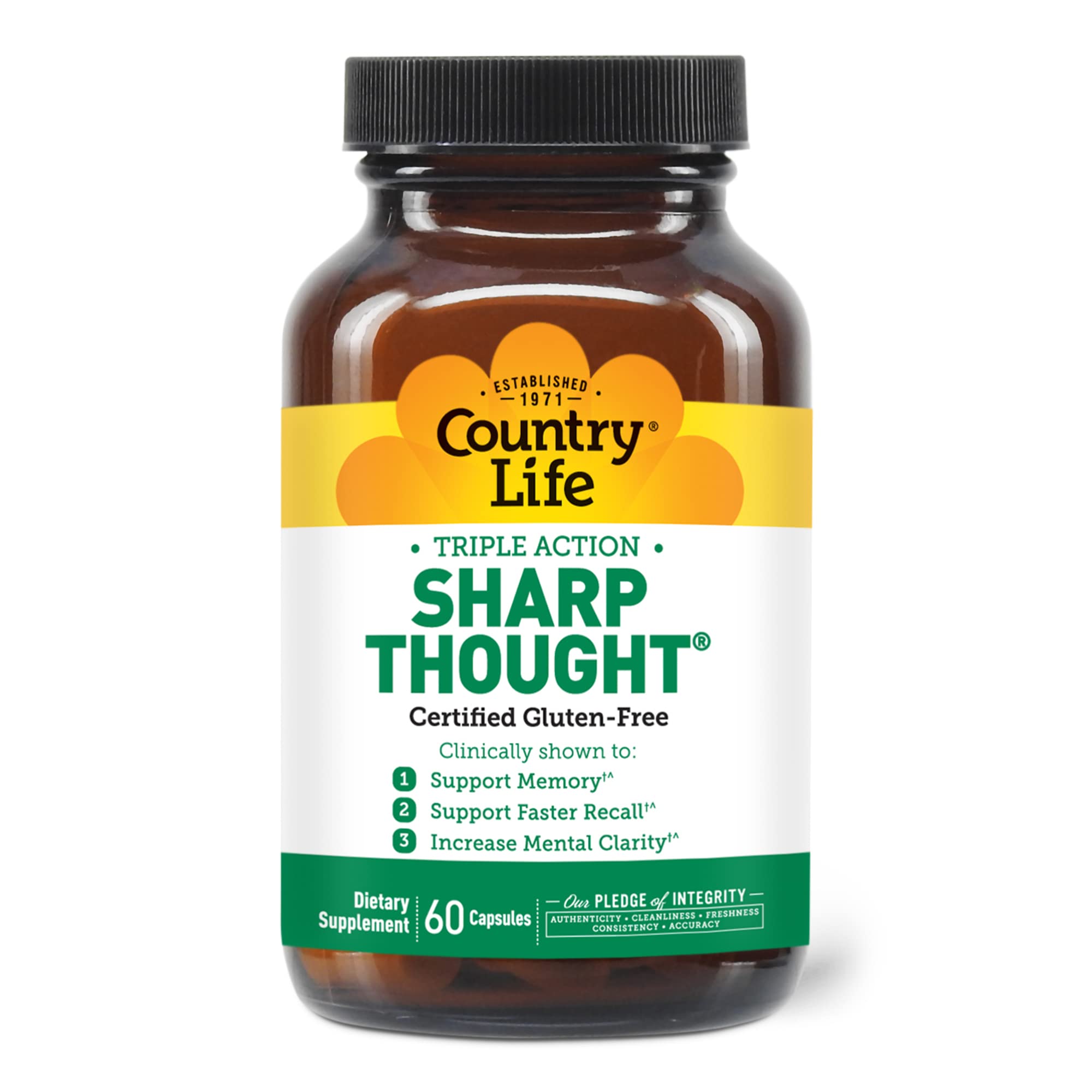 Country Life frasco frontal mostrando Sharp Thought y beneficios en la etiqueta