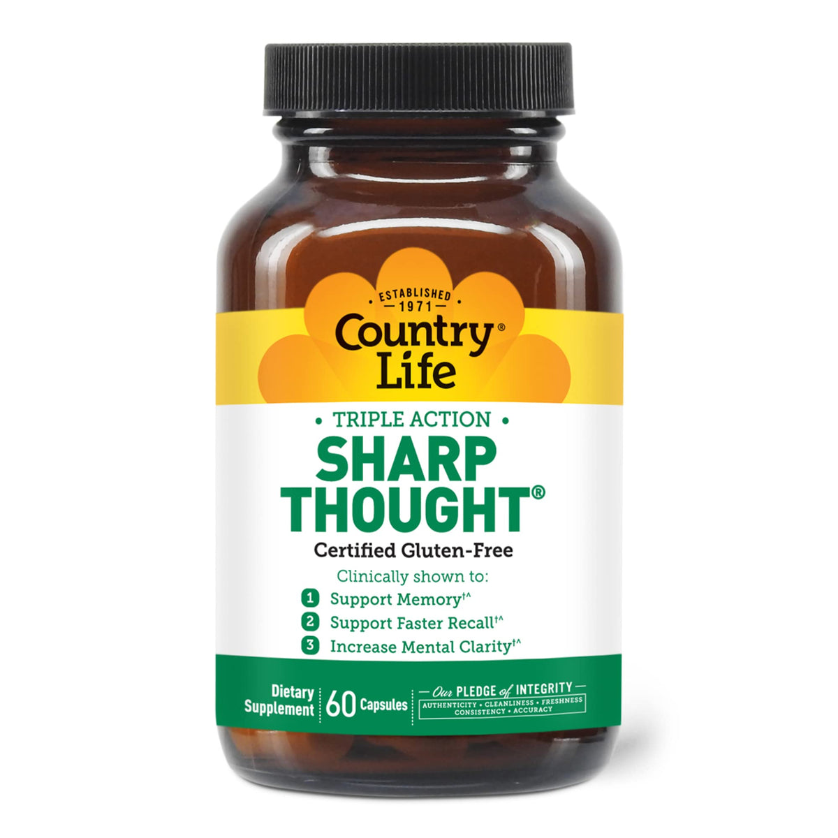 Country Life frasco frontal mostrando Sharp Thought y beneficios en la etiqueta