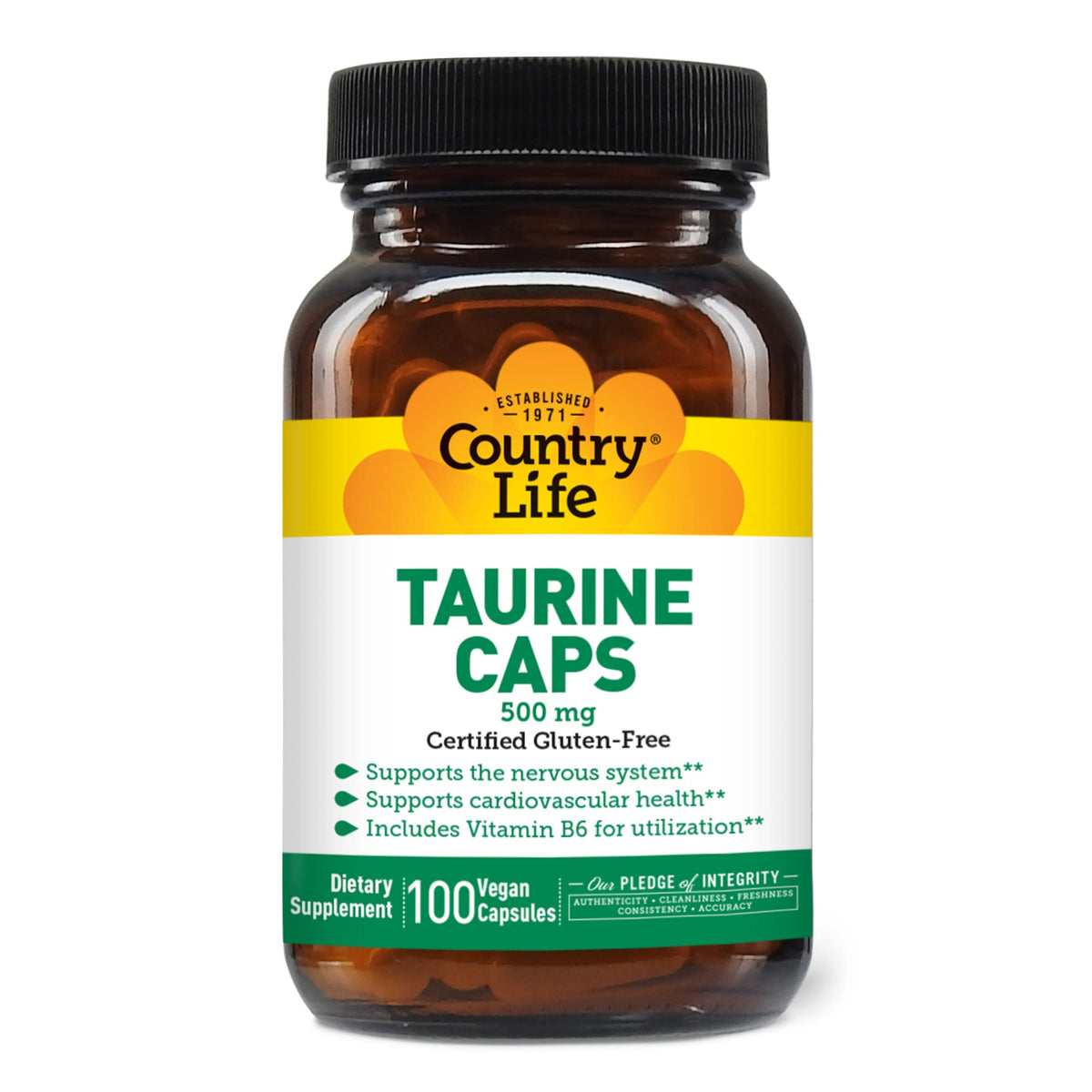 Country Life botella frontal mostrando 100 cápsulas para apoyo cardiovascular