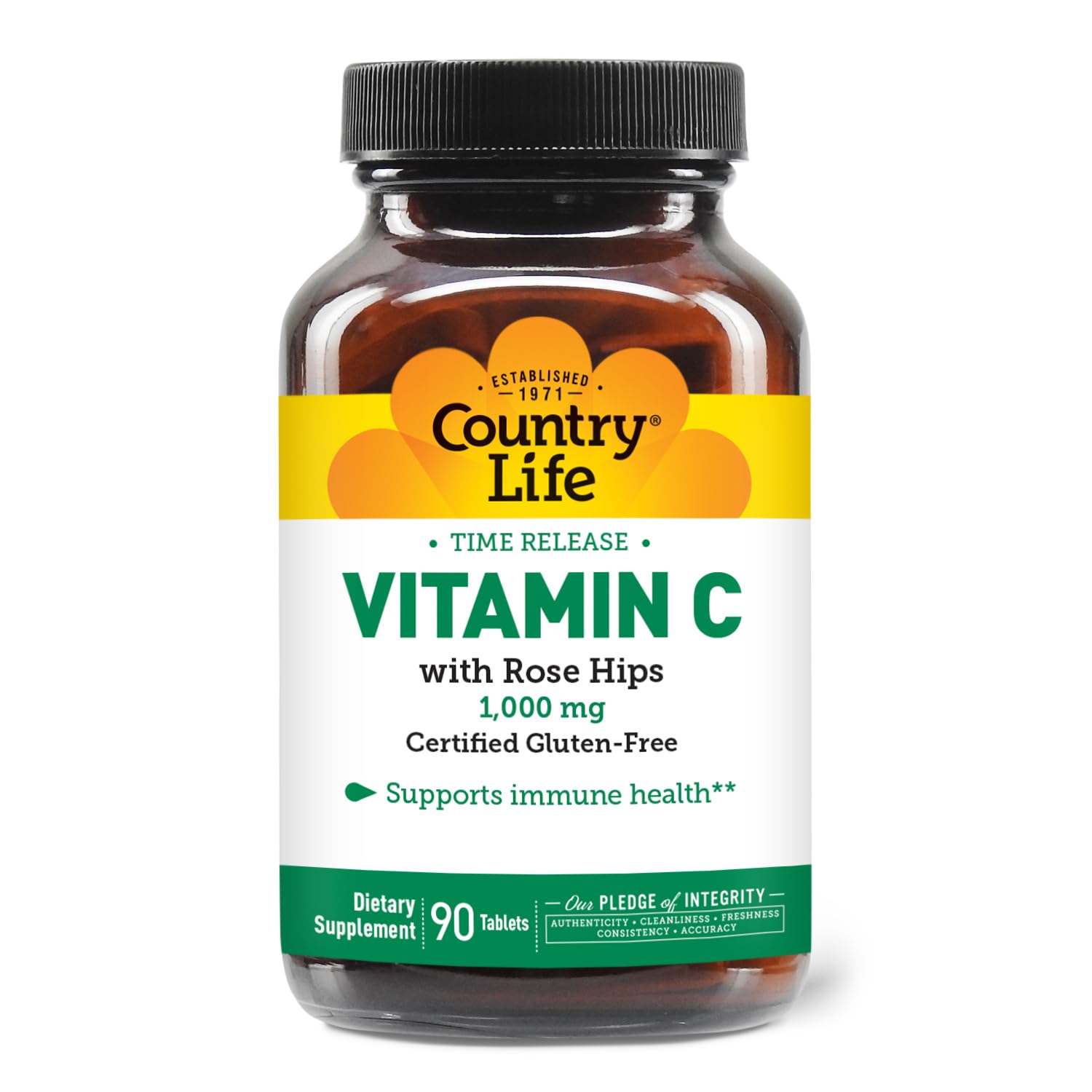 Country Life frasco frontal mostrando etiqueta clara y beneficio de vitamina C
