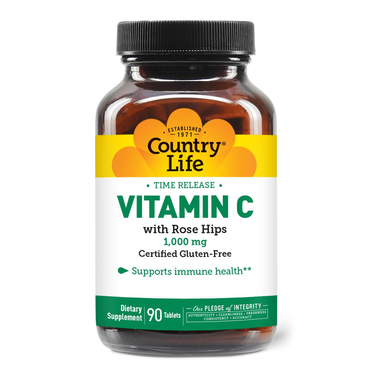 Country Life frasco frontal mostrando etiqueta clara y beneficio de vitamina C