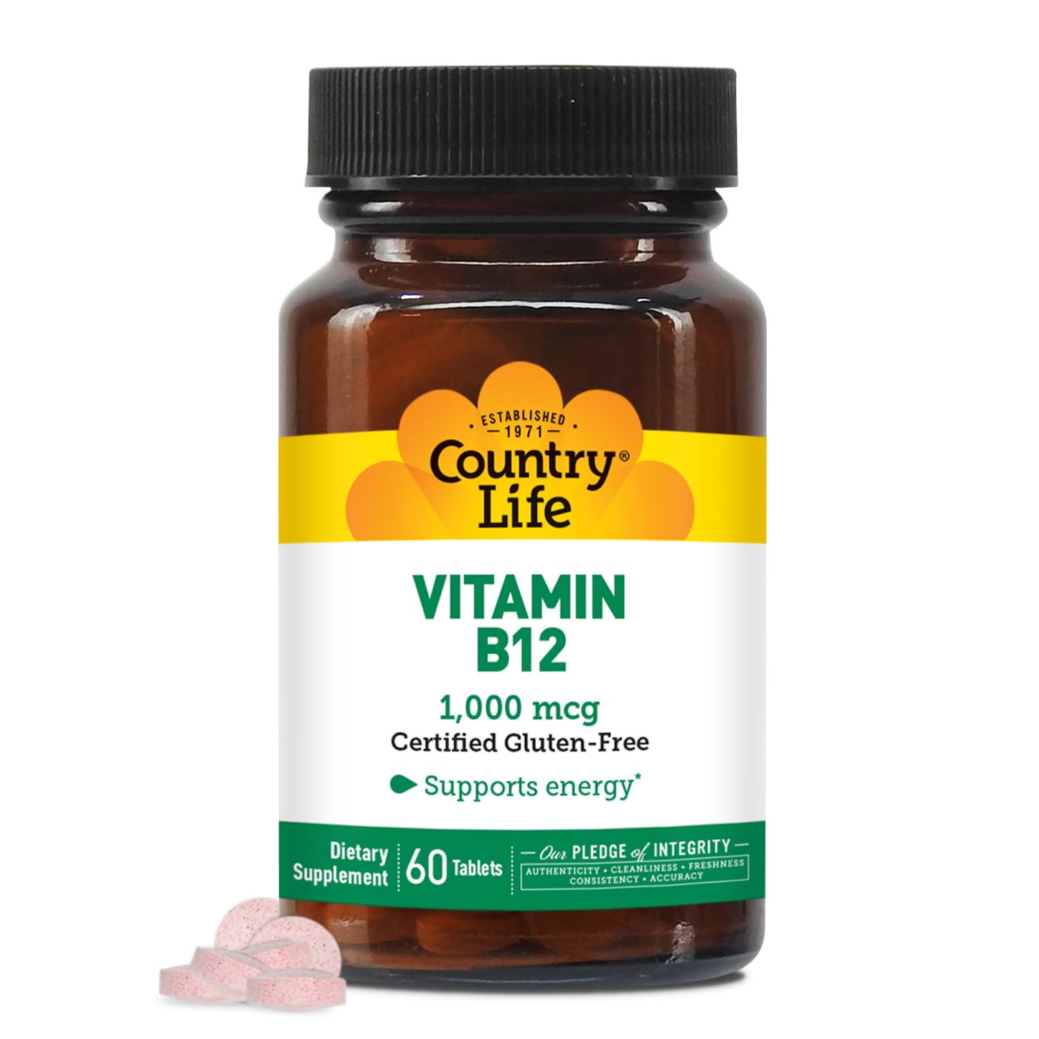 Country Life frasco frontal mostrando etiqueta clara y beneficio vegano