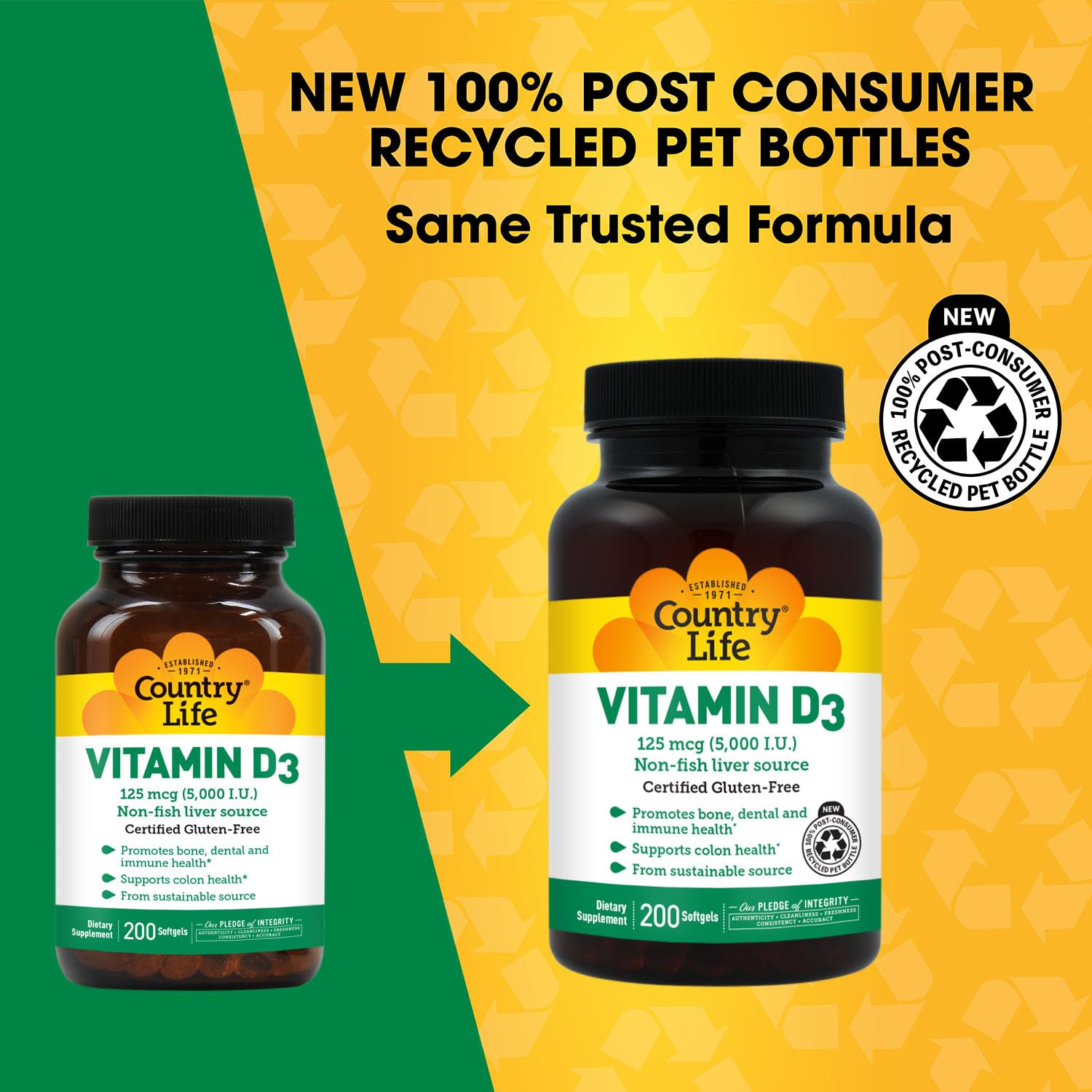Country Life cápsulas de Vitamina D3 5000 IU primer plano, fácil de tragar y dosificar