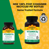 Country Life cápsulas de Vitamina D3 5000 IU primer plano, fácil de tragar y dosificar