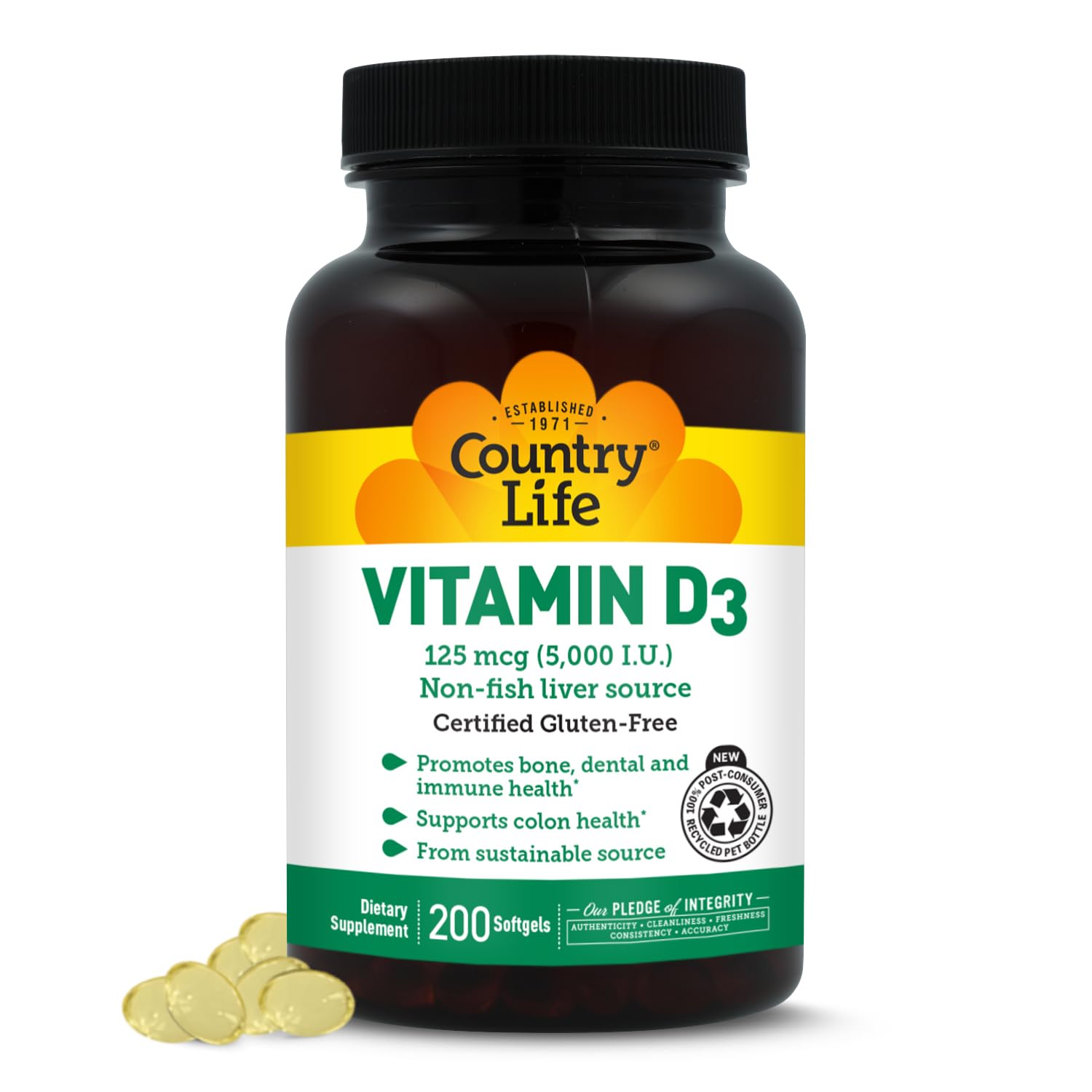Country Life envase frontal de Vitamina D3 5000 IU mostrando dosis alta y beneficios