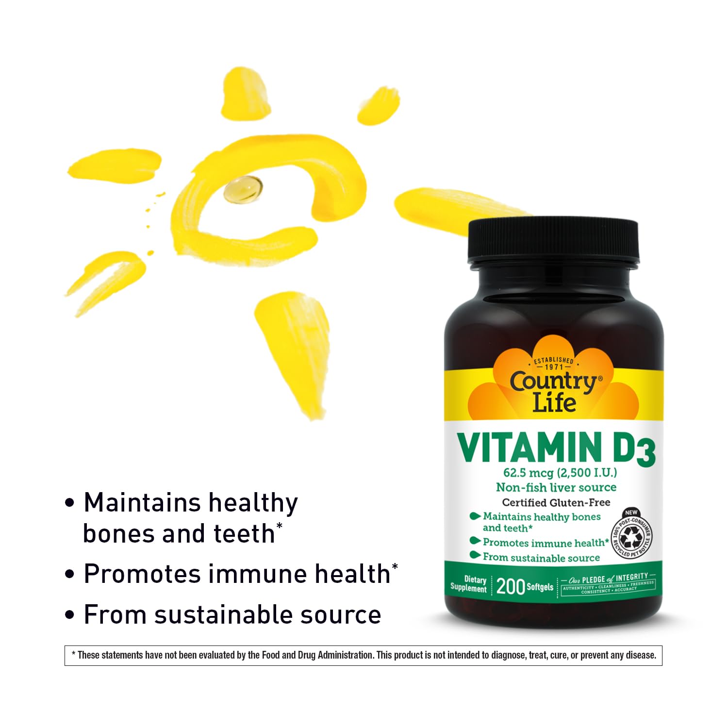 Country Life etiqueta nutricional mostrando dosis de 2500 UI por cápsula