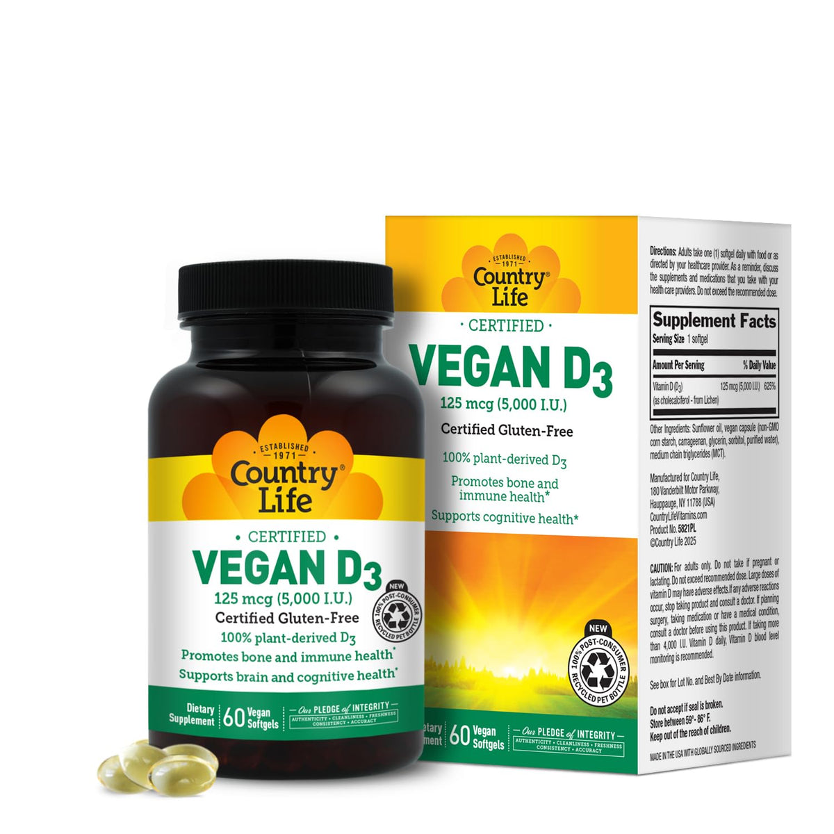Country Life envase frontal de vitamina D3 5000 IU, presentación clara y beneficios veganos