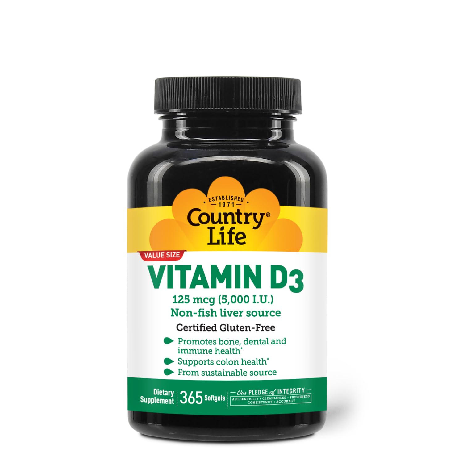 Country Life envase frontal de vitamina D3 5000 UI con suministro anual