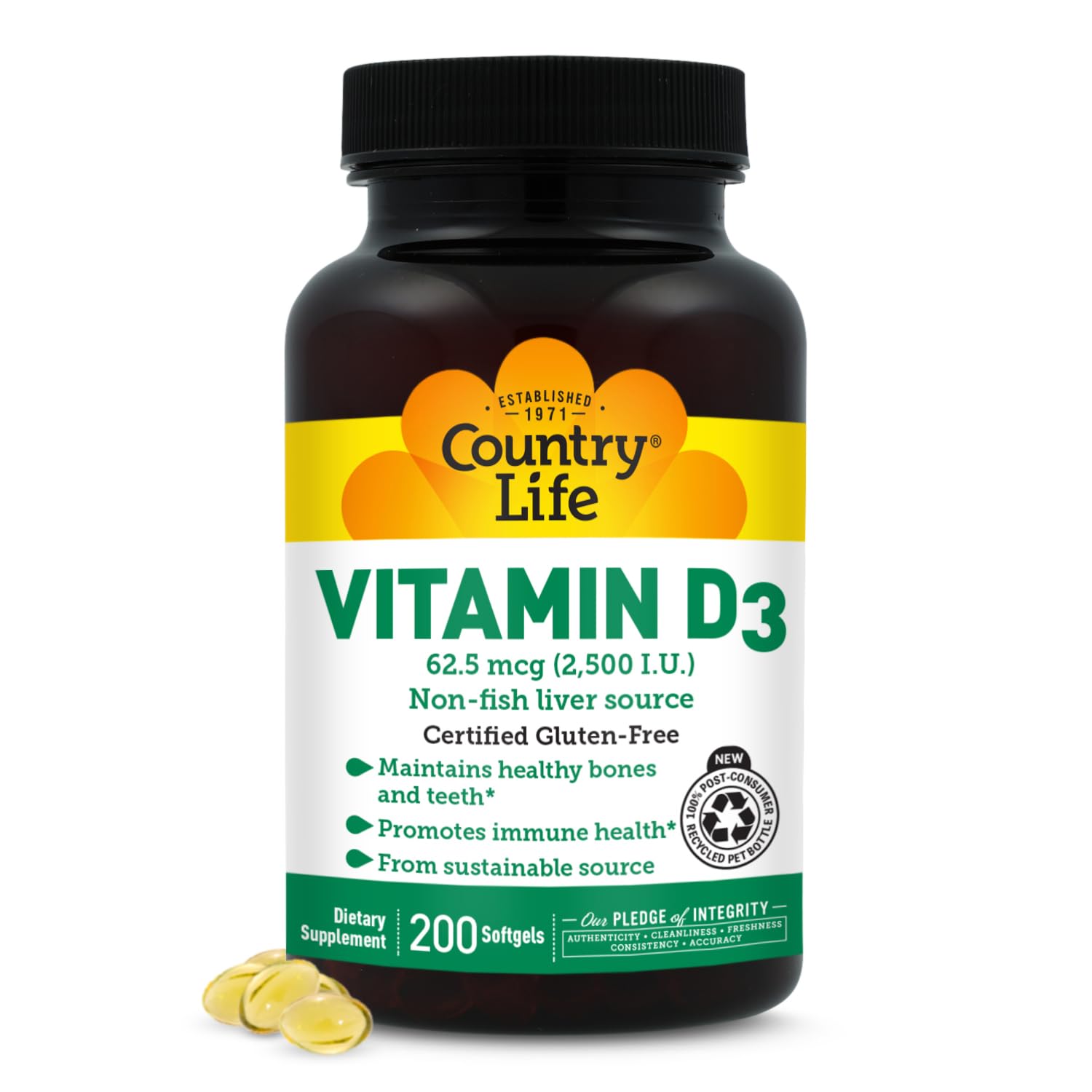 Country Life vista frontal del envase mostrando 200 softgels y beneficio claro