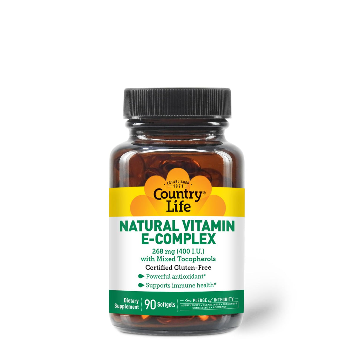 Country Life frasco frontal de Vitamin E-Complex 90 softgels mostrando etiqueta clara y beneficio antioxidante